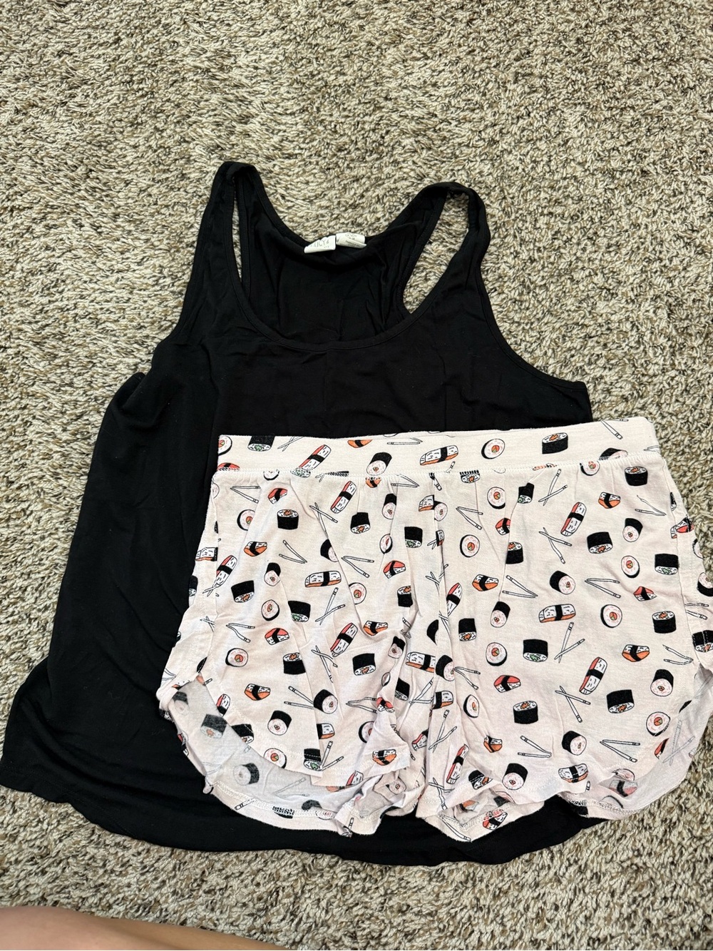 Lucy & Laurel Black Tank with Pink Sushi-Print Sleep Shorts